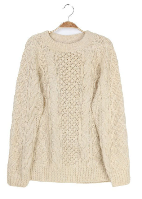 Vintage orphan thick stick needle hand-knitted college pullover retro sweater white twist beans