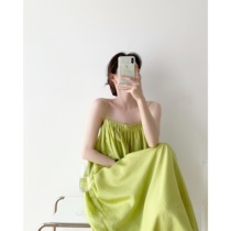  ICTS Lets go green in summer~ Avocado green vacation style pleated flat mouth double thin suspender loose dress