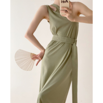  ICTS Small sexy fashionable fine asymmetrical shoulder halter neck hollow belt long dress with sense of proportion