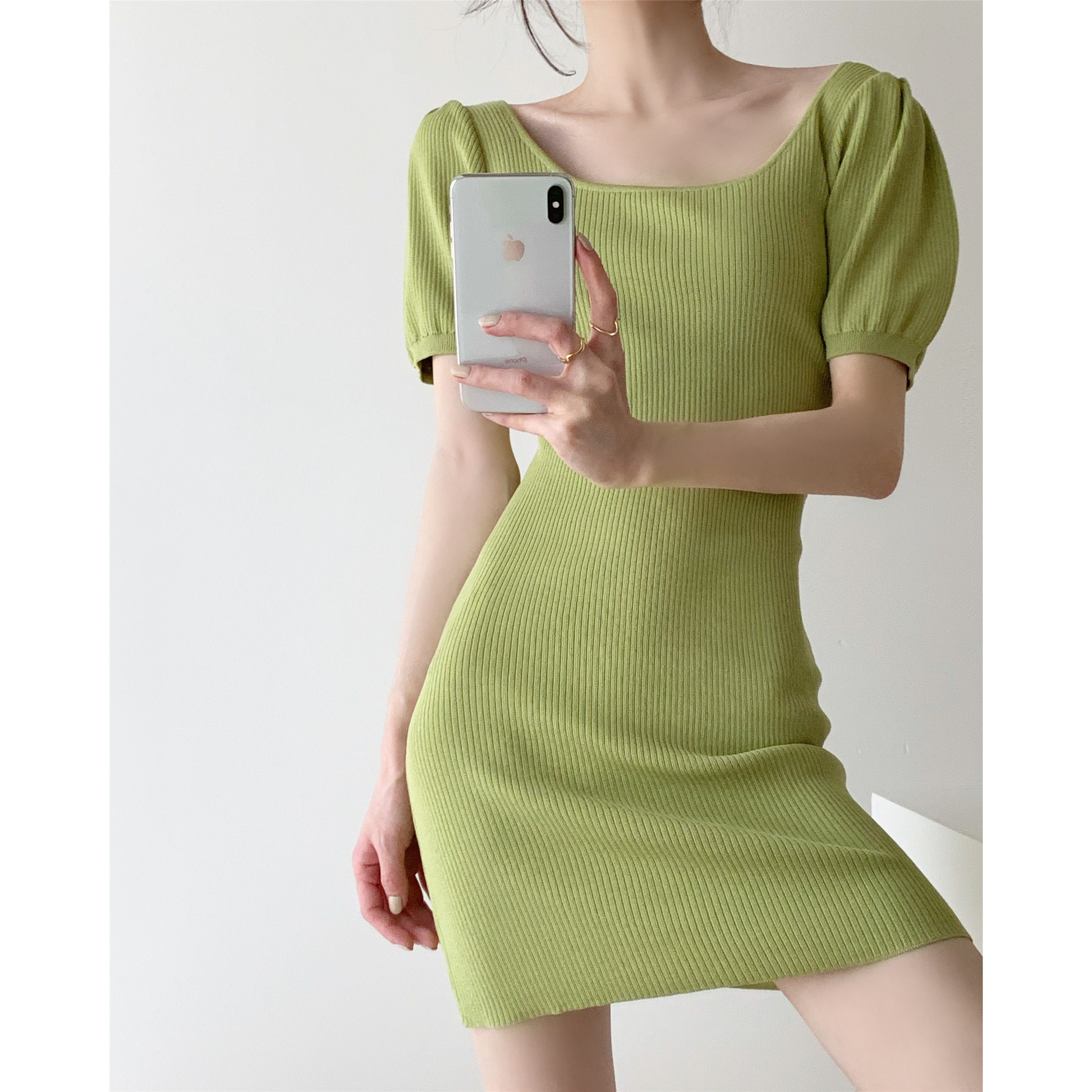 ICTS Elegant Revival Avocado Green Cherry Pink Black U-neck Puff Sleeve High Elastic Short Knitted Dress
