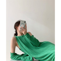  ICTS Firefly takes you away Thick green wheat ear pattern knitted sundress Small shawl Fashionable two-piece set