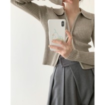  ICTS elegant revival small sexy milk coffee color fashionable thin double-headed zipper lapel vertical striped sweater