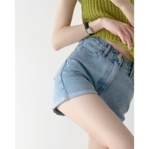  ICTS no hot pants no summer light blue thin legs long high waist jeans foot crimping shorts hot pants
