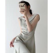  ICTS Micro halter Cute Contrast Beanie button Satin oblique cut skirt dress