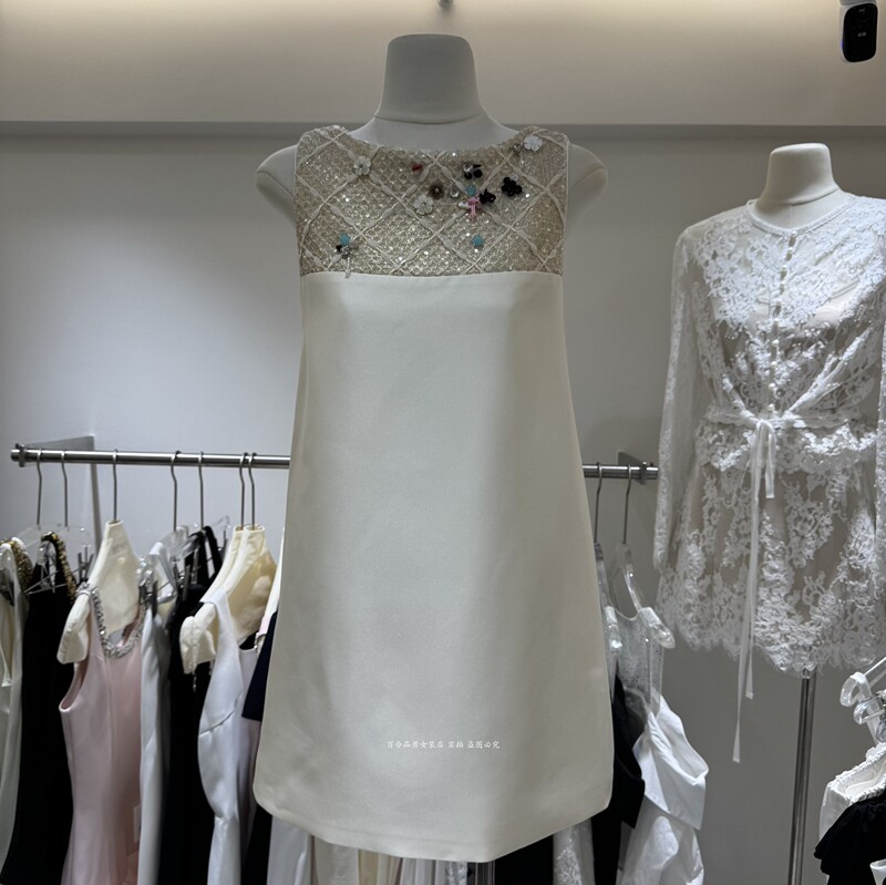 Evening Gown Style Heavy Beaded Satin Patchwork Pleated Dress for Women, Age-Reducing Loose Versatile Tank Dress