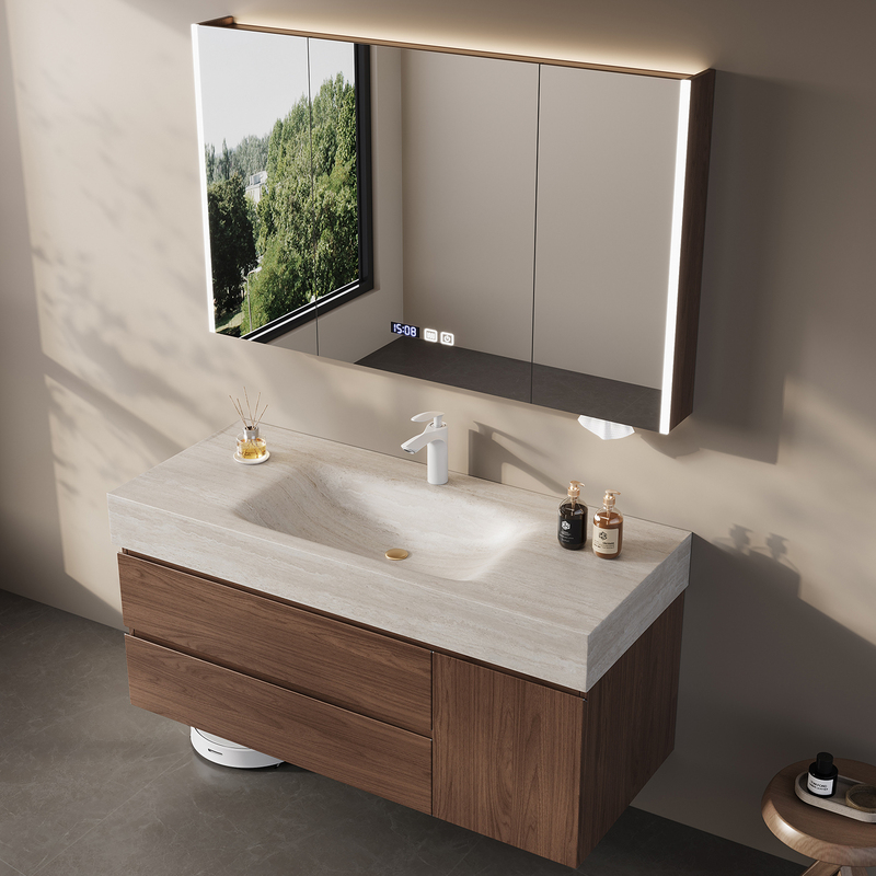 Small Raindrop 304 Stainless Steel Bathroom Cabinet with Integrated Hot-Bent Sink and Travertine Countertop