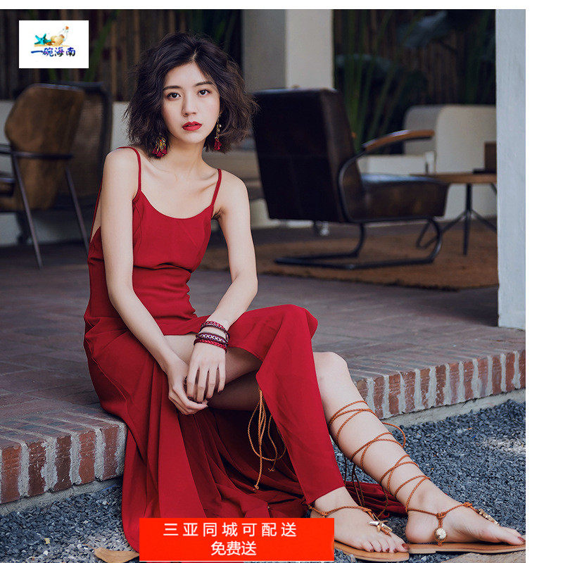 Sanya --- online red Maldives Bali retro sexy dew back with leg beach long dress children-Taobao