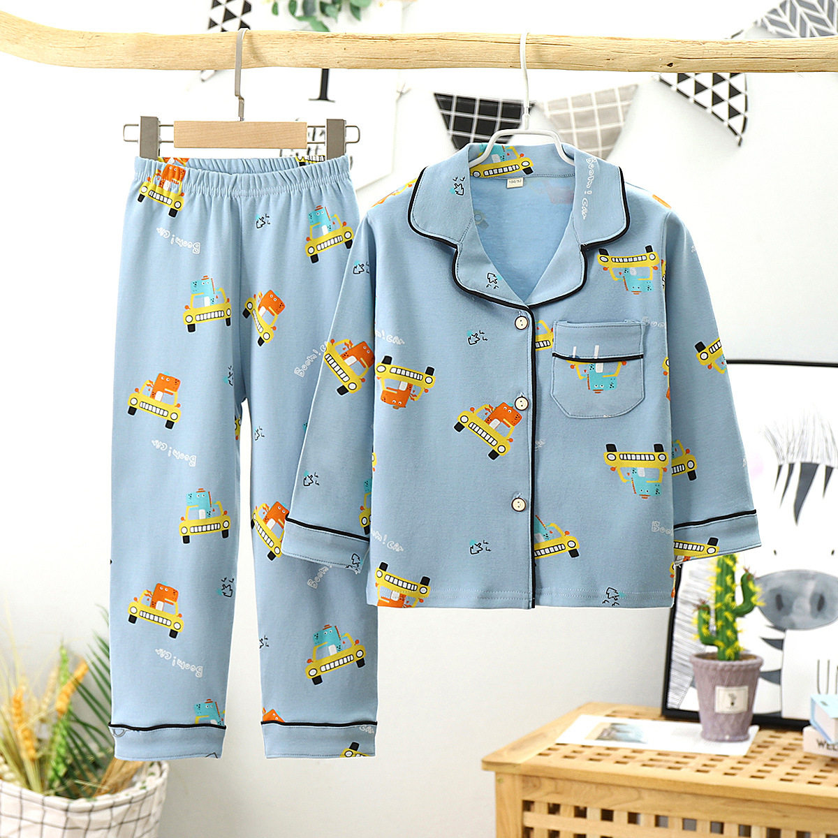 Cotton children's medium-thick autumn long-sleeved pajamas for boys and girls open-chested homewear suits for children and big children
