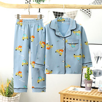 Full cotton children mid-thick fall long sleeve pyjamas boy girl open chest home suit mid-child great child anti-collar cover