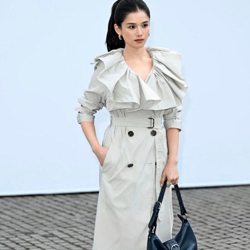 Shenzhen Nanyou High-End Style Zhang Jingyi Same Style Large Lapel Ruffle Trench Coat for Women Double-Breasted Mid-Length Waist-Cinching Jacket