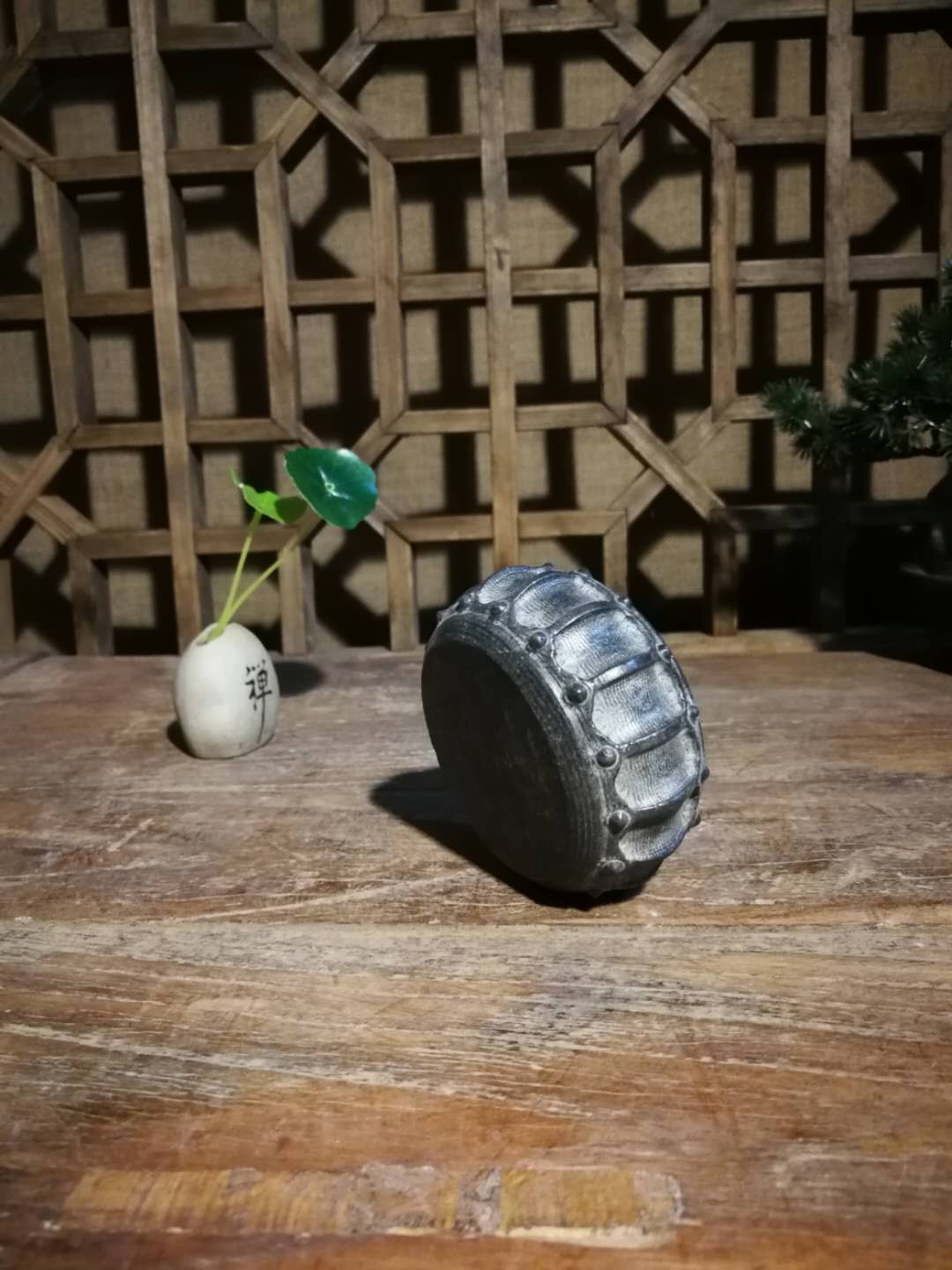 Shanxi blue stone stone drum small stone drum base coaster pot bearing stone carving ornaments