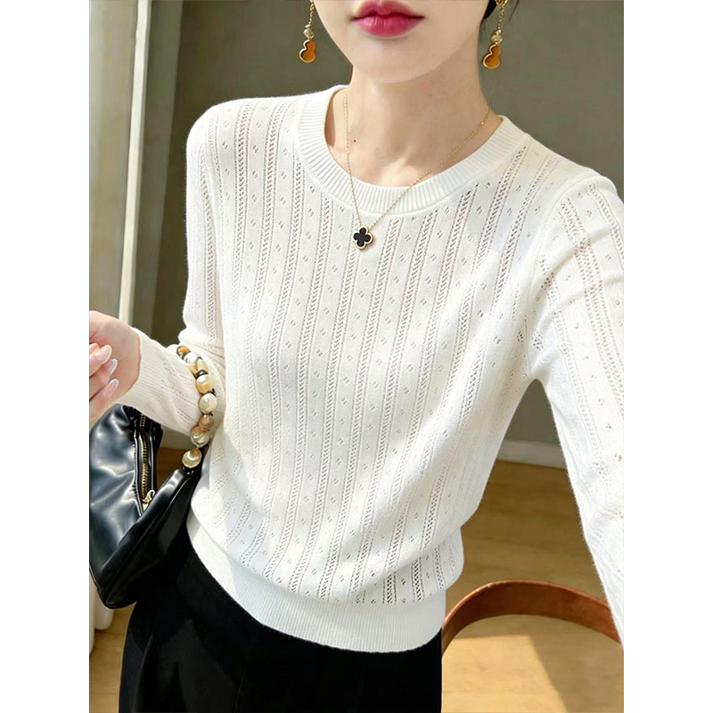 New Autumn and Winter Round Neck Pullover Hollow Jacquard Knit Sweater Long Sleeve Simple Versatile Knit Base Shirt New Autumn and Winter Round Neck Pullover Hollow Jacquard Knit Sweater Long Sleeve Simple Versatile Knit Base Shirt