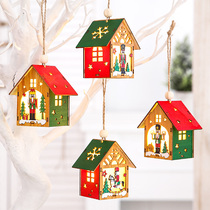 DIY Christmas Wooden house decoration pendant Wooden small house desktop ornament Luminous three-dimensional Christmas Tree hanging gift