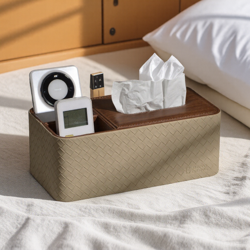 クリーム色の織り模様の多機能ティッシュボックス、ログスタイルの高度な家庭クリエイティブなリモコン付きリビングルームコーヒーテーブルベッドルーム