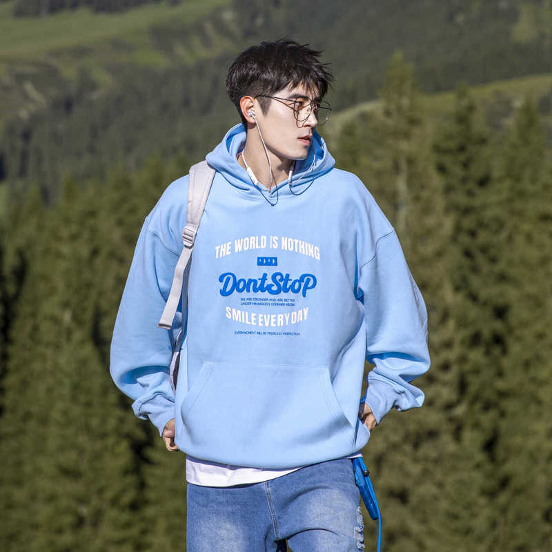 Pd Ice Blue Heavyweight Casual Hooded Sweatshirt, Youthful Style for Men, Japanese Lettering, Drop Shoulder Hoodie, Oversized Top, Trendy
