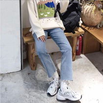 (Spot) loyal dog Small eight pear-shaped homemade-Qingxi h straight tube shallow hair edge jeans Joker high birth girl