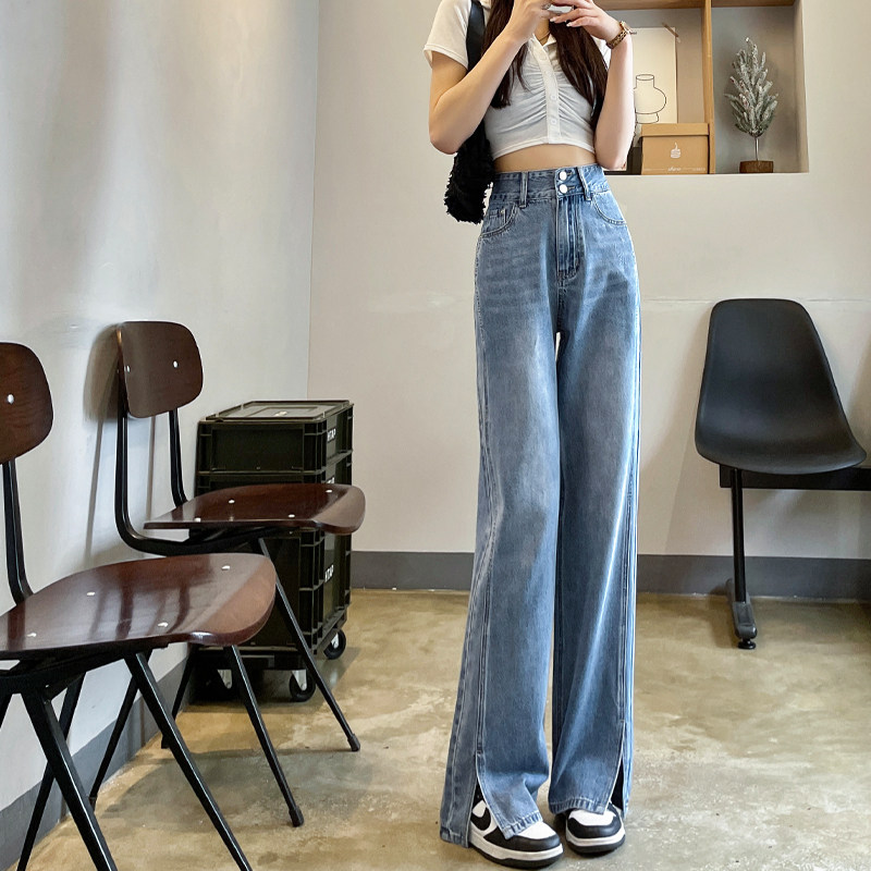 Korean high-waisted slit jeans women's fall 2022 spring and autumn new loose wide-leg straight-leg drapey mopping pants