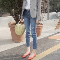 Korean light-colored ripped jeans womens straight tube 2021 new spring and autumn high waist thin loose elastic nine-point pants