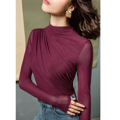 Latin dance tops ballroom dance top Dress mesh long sleeve small high collar National Standard Dance Girl Adult practice Dance Dress