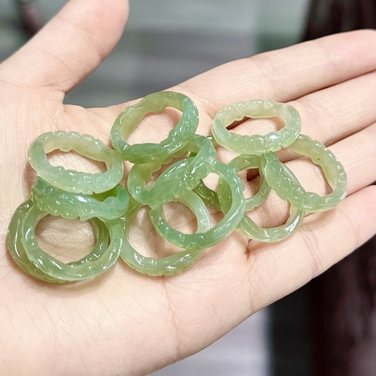 Natural Hetian jade carved ring dark green light soot