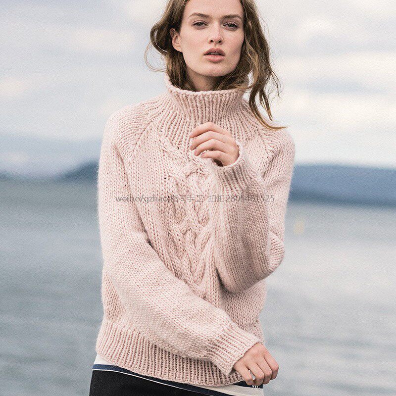 5317 thick thread twist turtleneck pullover stick knitting translation Chinese text illustration
