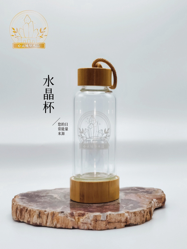 Spiritual Castle Crystal House Natural Crystal Glass Cup with Compartments for Crystals, Removable Bamboo Lid, Energy Cup
