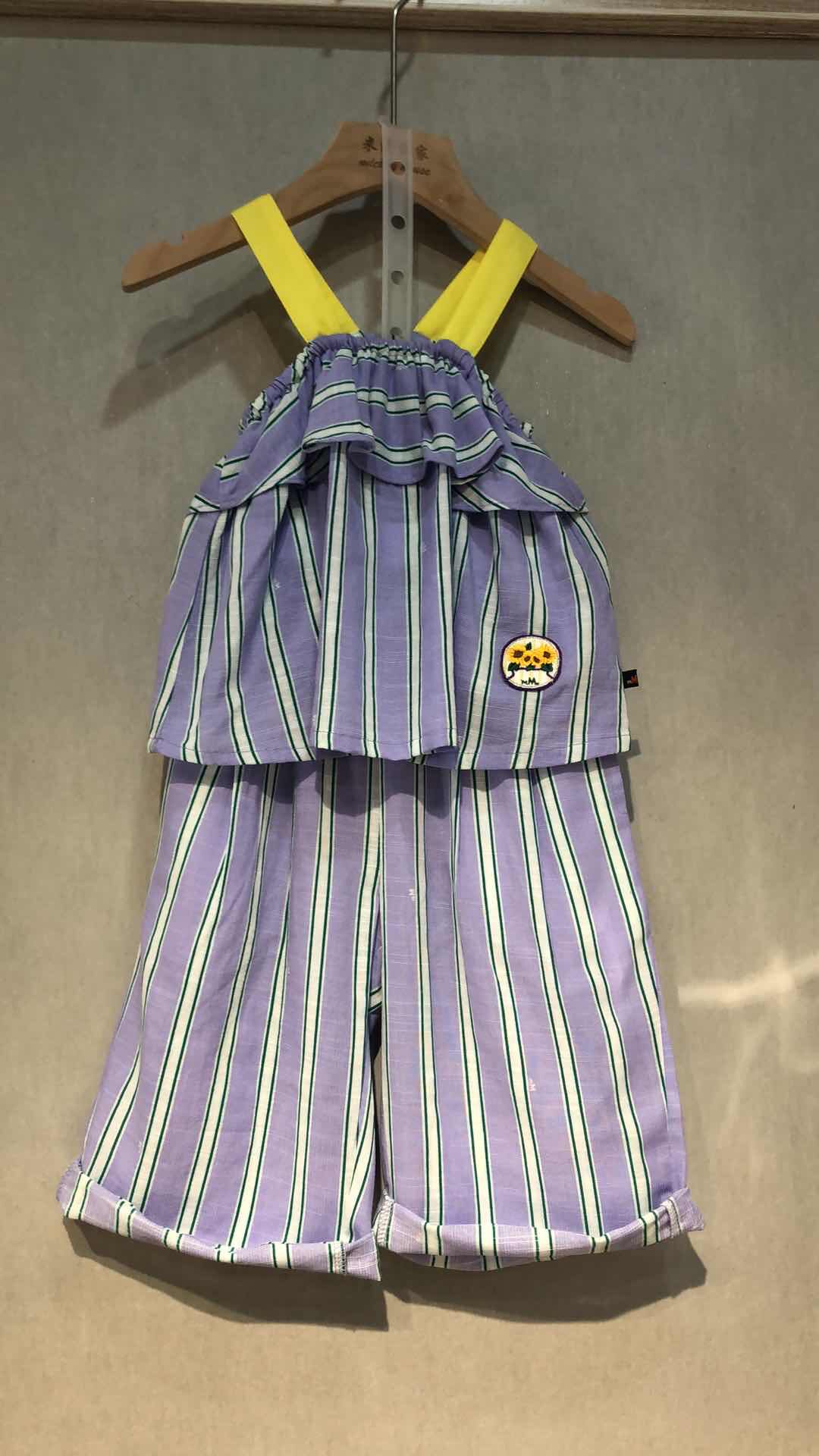 2022 summer girls girls children summer cotton linen cool striped suspenders tops wide leg pants two-piece suit