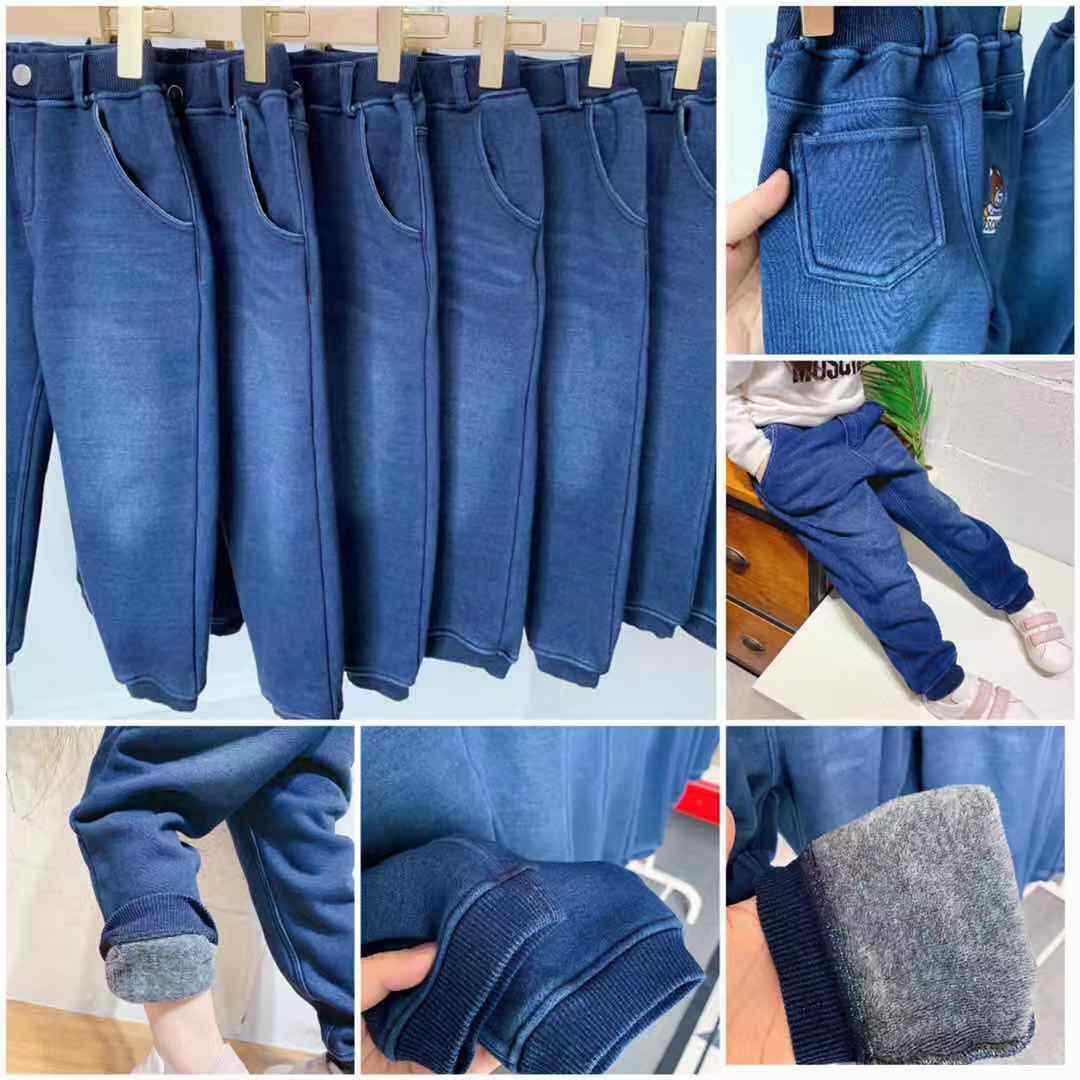 2021 Winter Boys and Girls Boys and Girls Children's Stretch Knit Denim Fleece Warm Trousers