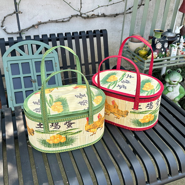Gift Box, Traditional Folding Bamboo Basket, Bamboo Woven Basket, Packaging for Free-Range Eggs, Black Chicken Eggs, Manufacturer, Green, Red