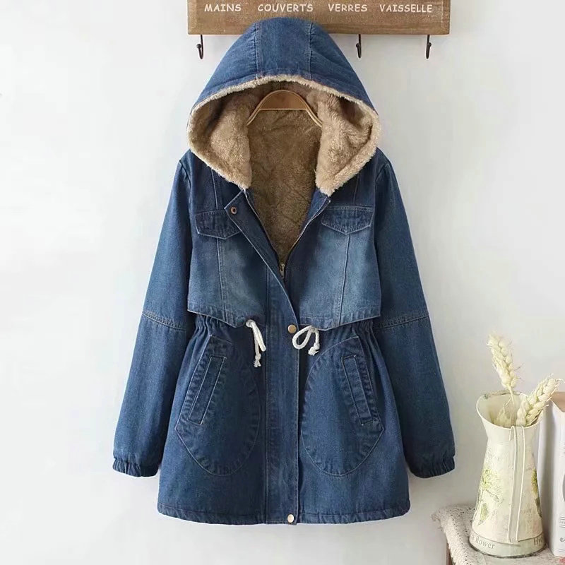 One is just overweight ~ exports foreign trade plus suede thickened winter denim cotton jersey woman in long version even hat jacket woman
