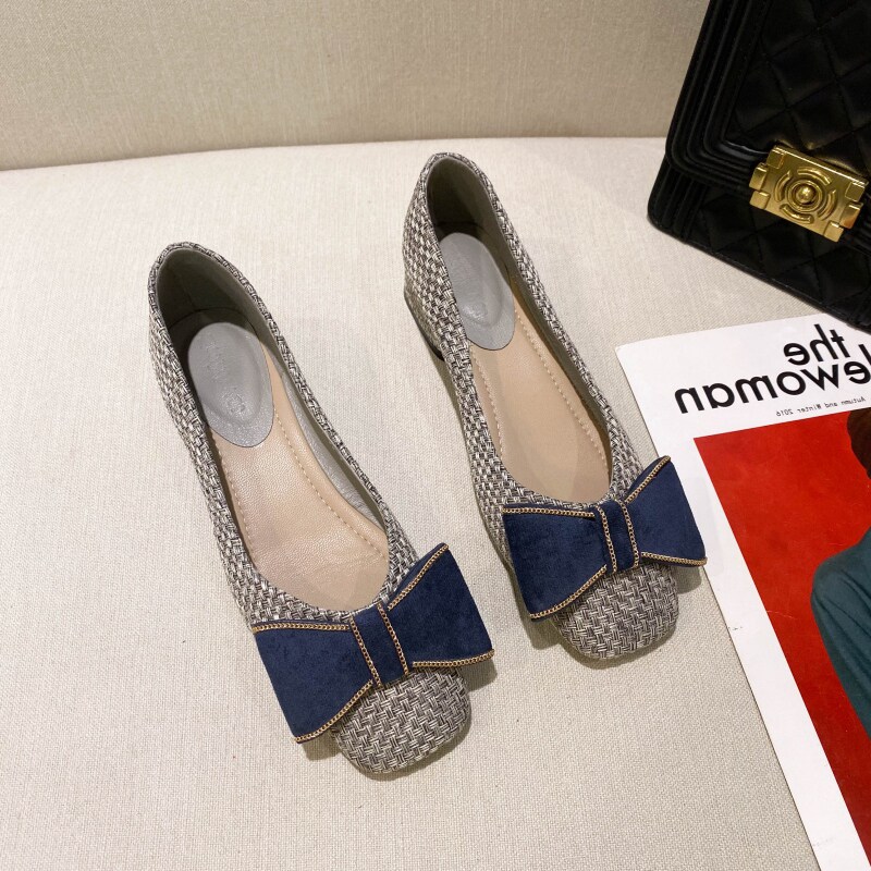 ck erwin fairy wind retro weave women's shoes square head ladylike bow shoes butterfly knot shallow mouth single shoe woman heel boat shoes