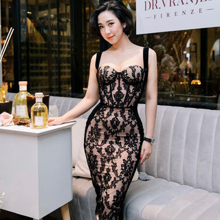 2025 Summer New European and American Women's Clothing Sexy Spaghetti Strap Backless Retro Lace Mid-Length Dress Bandage Dress