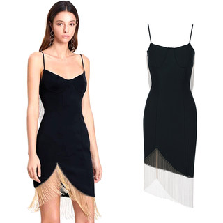 2025 Summer New European and American Sexy Suspender Backless Chain Tassel Asymmetrical Hem Bandage Party Dress