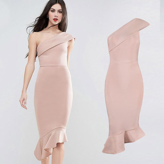 2025 Summer New Product, European and American Style, Off-Shoulder, Backless, Ruffled, Slim-Fitting, Bodycon, Fishtail Bandage Dress