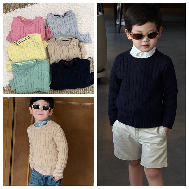 Classic Basic Style Boys and Girls Twist Round Neck Pullover Knitwear Autumn and Winter Kidsren's Pure Cotton Long-Sleeved Knitwear