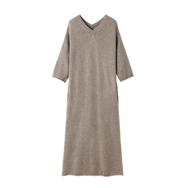 Fu Xianglin Double V Collar Middle Sleeve Lady Long Version Cashmere Dress 100% Mt. Cashmere V Collar Short Sleeve Head Cashmere Ocean Dress