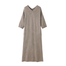 Fu Xianglin Double V Collar Middle Sleeve Lady Long Style Cashmere Dress 100% Mountain Cashmere V Collar Short Sleeve Head Cashmere Dress