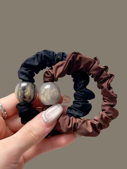 Korean Style Pleated Elegant Ice Silk Beaded Hair Tie, Simple and Versatile Hair Tie, Exquisite High Ponytail Hair Accessory for Women