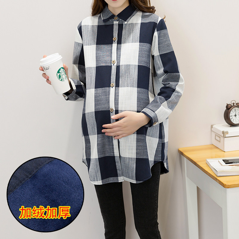 Winter plus suede thickened pregnant woman's shirt loose large plaid blouse 2022 Korean version gestation woman with warm inner lap shirt