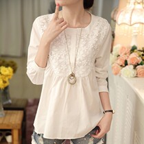 Full cotton pregnant woman Spring dress Han version Fashion Spring Summer Lace Long Sleeve Pregnant Woman Shirt Beat bottom jacket A short T-shirt