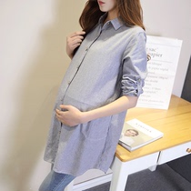 Spring Dress Stripe Flip collar Long sleeves Pregnant Woman Shirt Slats Undercoat Korean Version Spring Autumn Gestation Woman Dress Pure Cotton Professional Lining Clothes