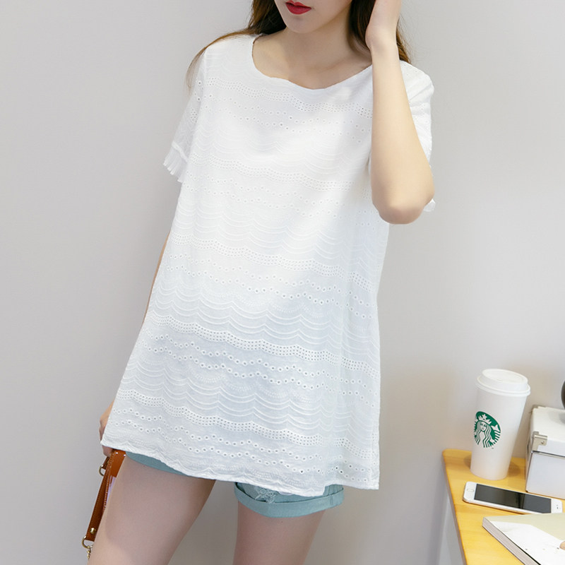 2022 Pure Cotton Summer Gestational Woman Dress Hollowed-out Blouse Blouse Shirt Pure White Large Size Summer Gestational Woman Dress T-shirt