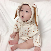 South Korea autumn and winter female baby one-piece sweater cute wave point cotton plus velvet hooded bag shirt male baby climbing clothes thick