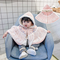 Baby autumn and winter velvet thickened winter clothing baby girl cape Chinese style lace stitching hooded going out cloak shawl