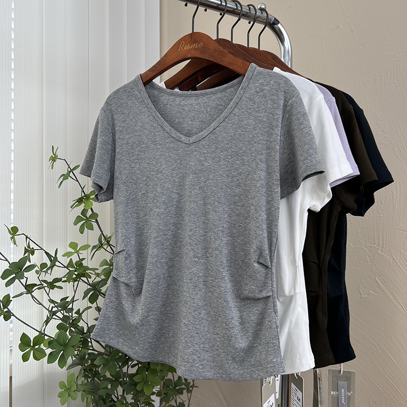 [Customer Order] Waist-Cinching Design with Pleats! Super Slimming! V-Neck Slim Waist Solid Color Short-Sleeve T-Shirt for Women in Summer