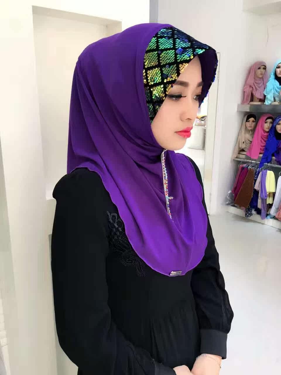 Sequins Muslim Women Hijab Cap Islamic Scarf Headscarf Arab Headdress