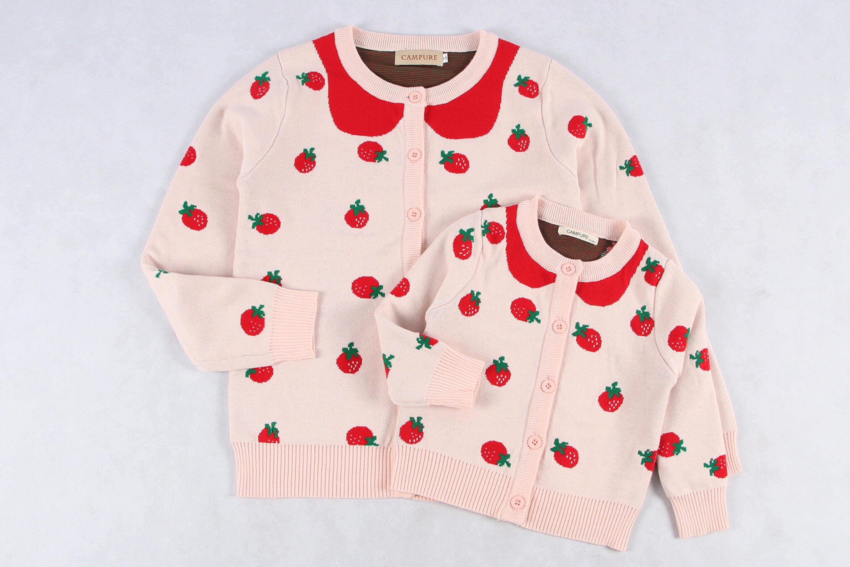 Pink Red Parenting Mother Woman Dress Autumn Winter Pure Cotton Children Fruit Strawberry Flower Princess Thickened Fleece Knit Jacket Cardiff