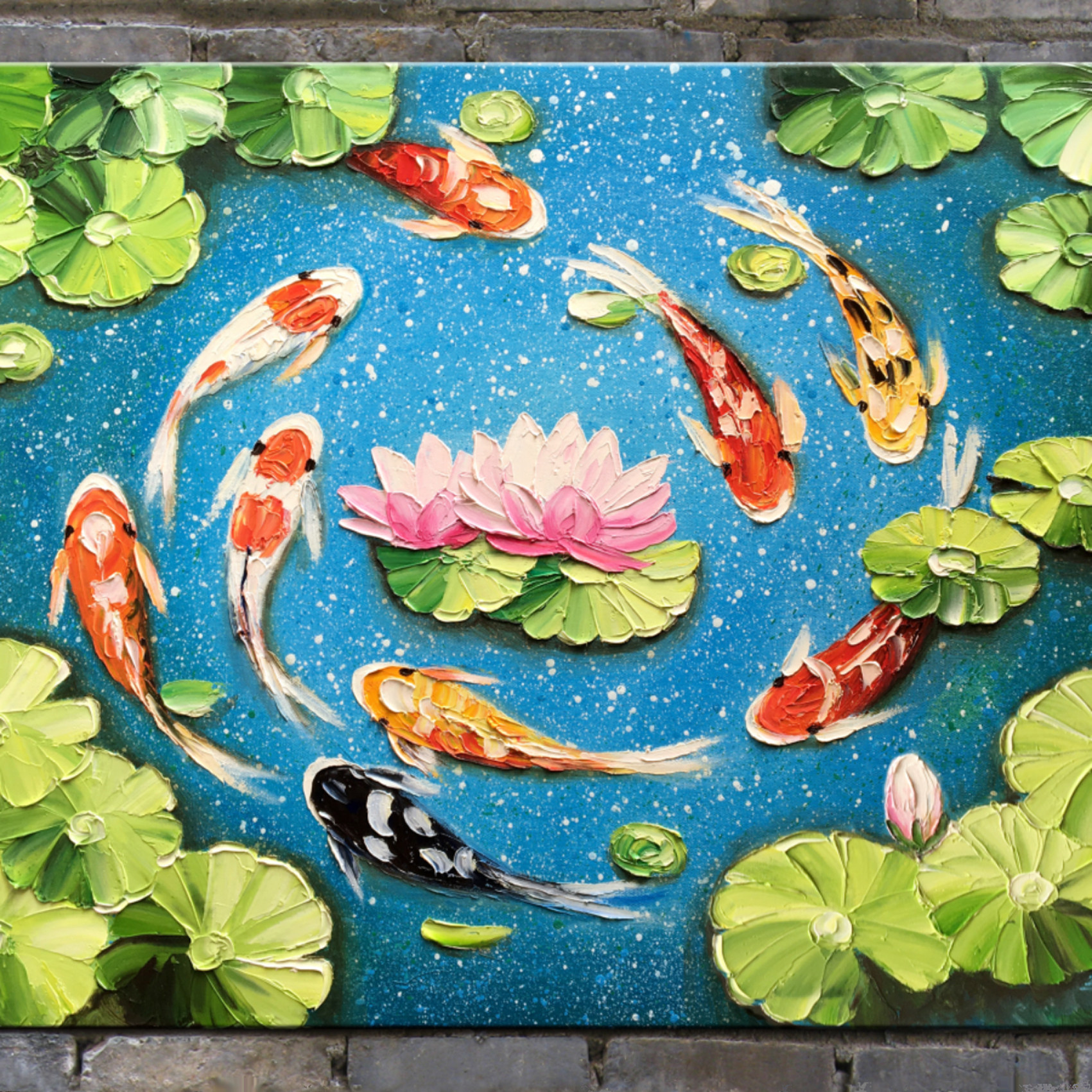 原创油画 锦鲤油画 九鱼图 玄关画 配框睡莲装饰画 厚肌理 风水画