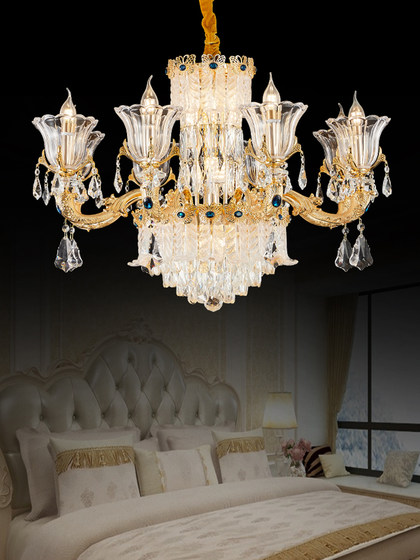 All-Copper Living Room Crystal Chandelier, European-Style Villa Mezzanine Dining Room Master Bedroom Light Luxury French Duplex Large Chandelier