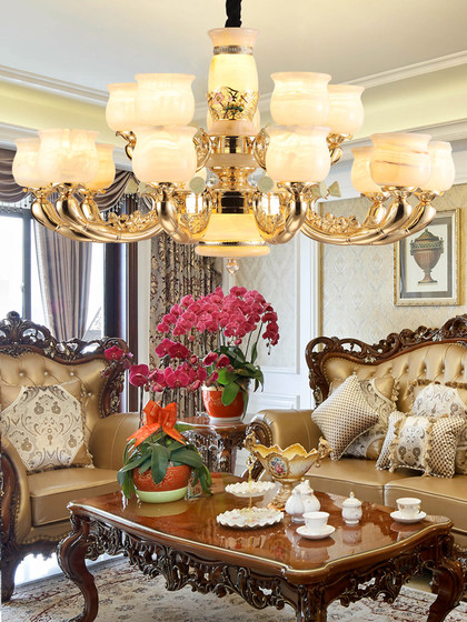 All-copper duplex building living room large chandelier simple new Chinese style mansion self-built house European style villa natural jade lamps